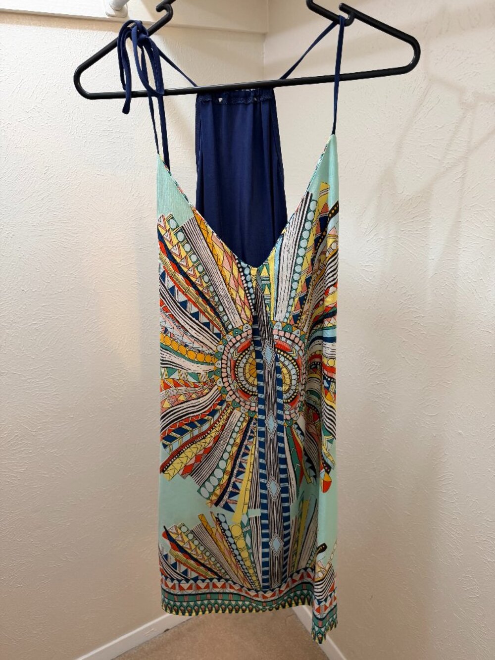 Vibrant Geometric Art Deco Halter Mini Dress – Mint & Navy
